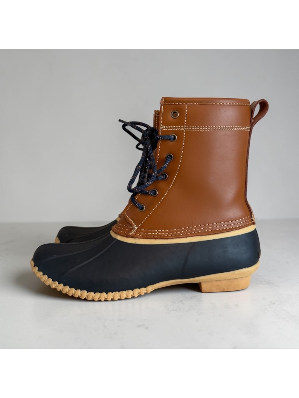 Lands' End Women's Duck Boots Size 9 Flannel Lined Waterproof Leather Navy Tan